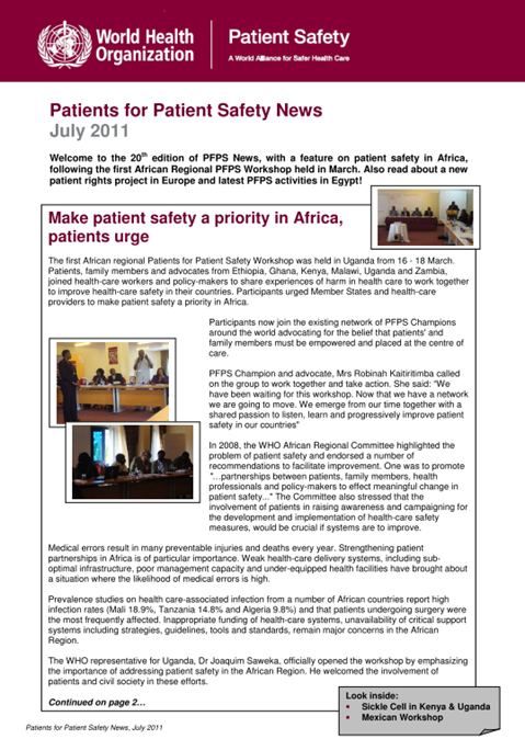 Patients For Patient Safety Newsletter - July 2011