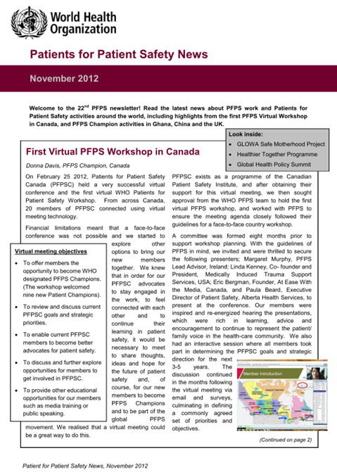 Patients For Patient Safety Newsletter - November 2012