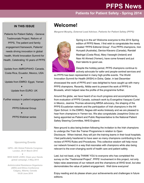 Patients For Patient Safety Newsletter - Spring 2014