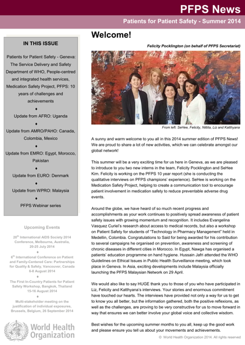 Patients For Patient Safety Newsletter - Summer 2014