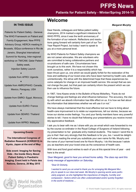 Patients For Patient Safety Newsletter - Spring 2015