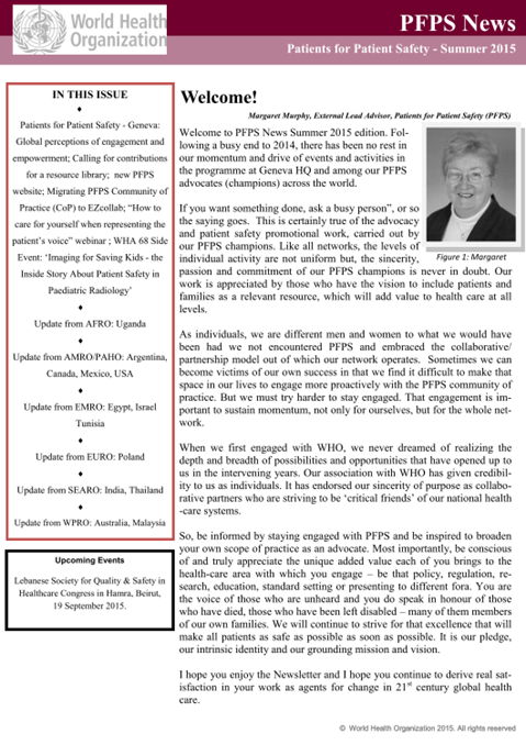 Patients For Patient Safety Newsletter - Summer 2015
