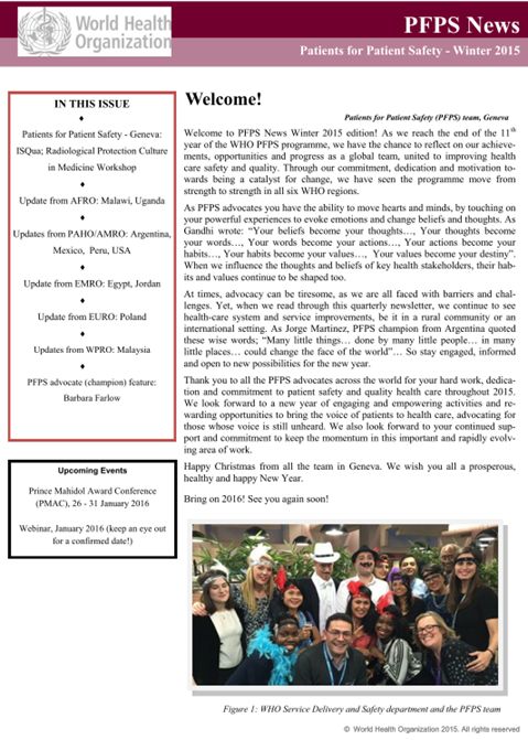 Patients For Patient Safety Newsletter - Winter 2015
