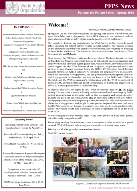 Patients For Patient Safety Newsletter - Spring 2016