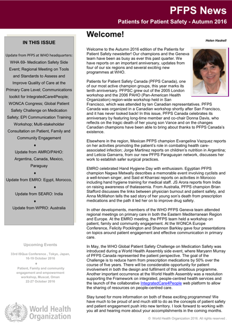 Patients For Patient Safety Newsletter - Autumn 2016