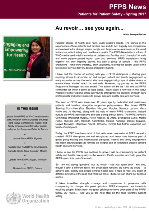 Patients For Patient Safety Newsletter - Spring 2017