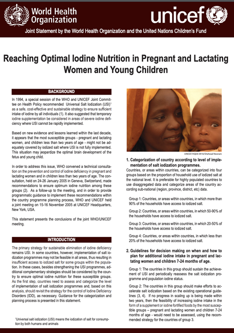 Reaching optimal iodine nutrition in Pregnant and Lactating Women and Young Children