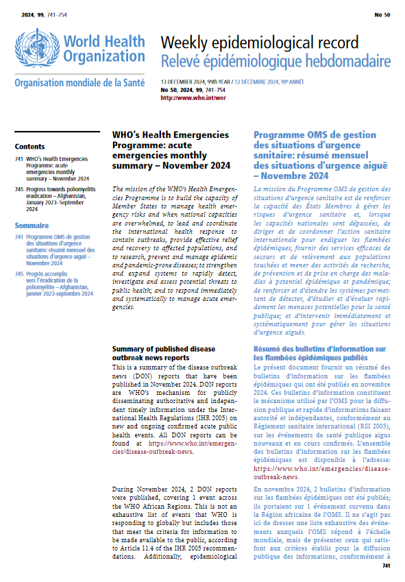 Page de couverture du Relevé épidémiologique hebdomadaire