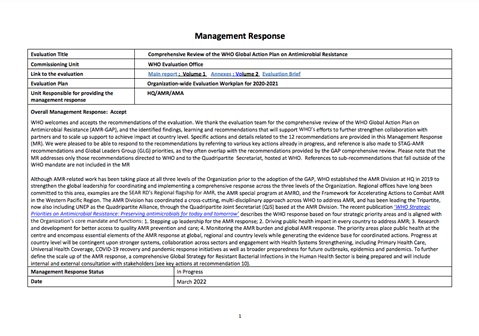 Comprehensive review of the WHO Global Action Plan on Antimicrobial Resistance : Management Response – March 2022