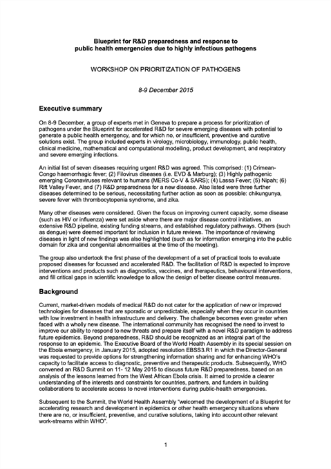 Blueprint for R&D preparedness and response to public health emergencies due to highly infectious pathogens