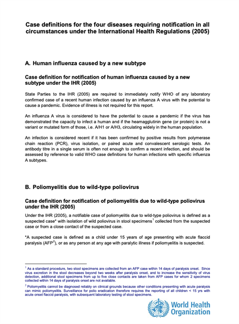Case definitions for the four diseases requiring notification to WHO in all circumstances under the IHR (2005)