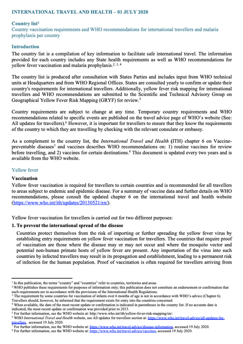 Vaccination requirements and recommendations for international travellers; and malaria situation per country – 2020 edition