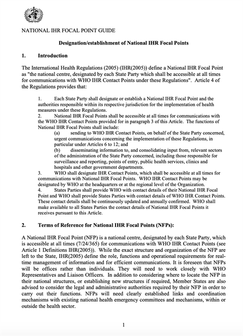 Designation/establishment of National IHR Focal Points