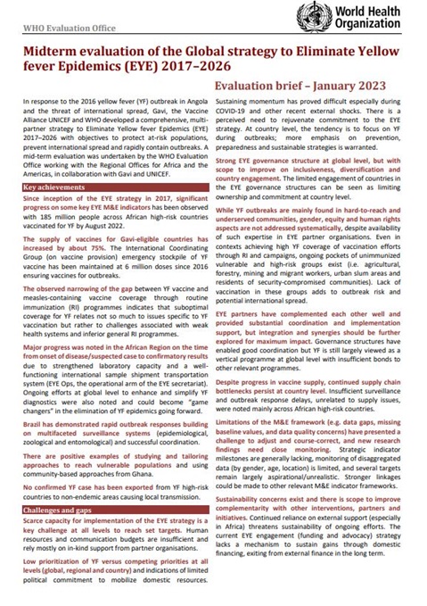 Mid-term evaluation of the Global Strategy to Eliminate Yellow Fever Epidemics (EYE) 2017 - 2026: Evaluation brief - January 2023
