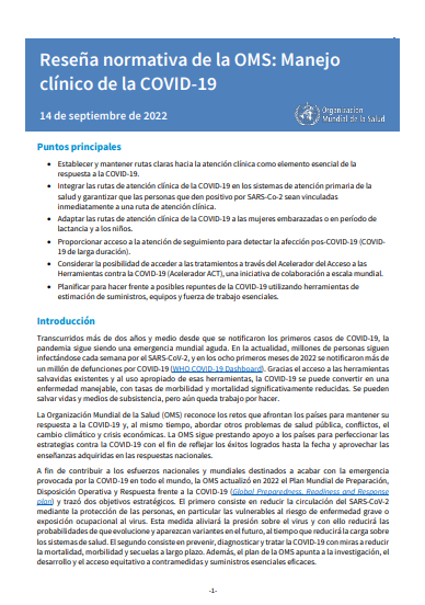Reseña normativa de la OMS: Manejo clínico de la COVID-19, 14 de septiembre de 2022