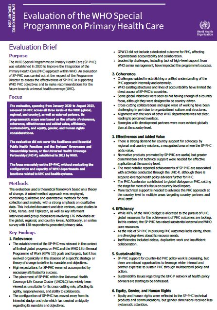 Evaluation of the WHO Special Programme on Primary Health Care: Evaluation brief