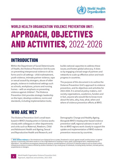 WHO Violence Prevention Unit: approach, objectives and activities, 2022-2026