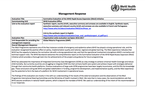 Summative evaluation of the WHO Rapid Access Expansion Initiative - Management Response - April 2020