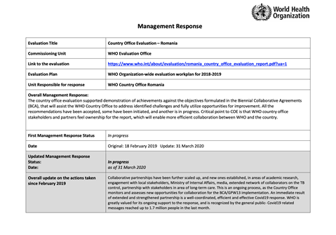 Romania Country Office Evaluation - Management Response - March 2020