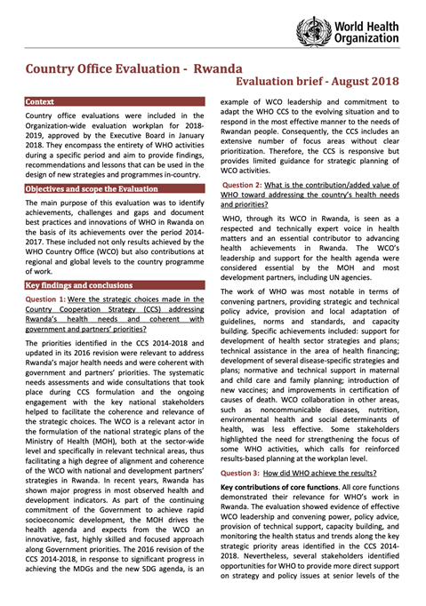 Rwanda Country Office - Evaluation Brief - August 2018
