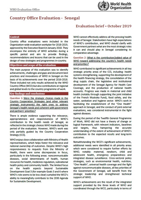Senegal Country Office - Evaluation Brief - October 2019