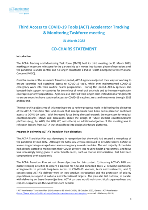 Third Access to COVID-19 Tools (ACT) Accelerator Tracking & Monitoring Taskforce Outcome Statement Report - 31 March 2023