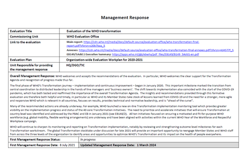 Evaluation of WHO transformation – Management Response update – March 2024