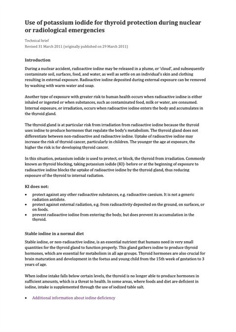 Use of potassium iodide for thyroid protection during nuclear or radiological emergencies
