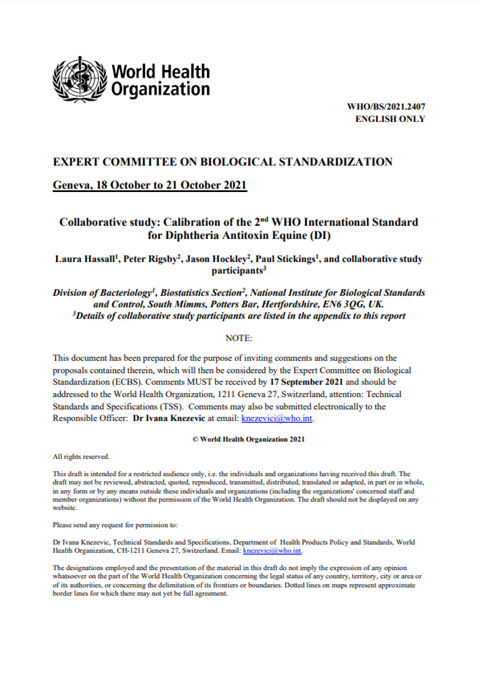 WHO/BS/2021.2407: WHO 2nd International Standard - Diphtheria Antitoxin Equine (DI)
