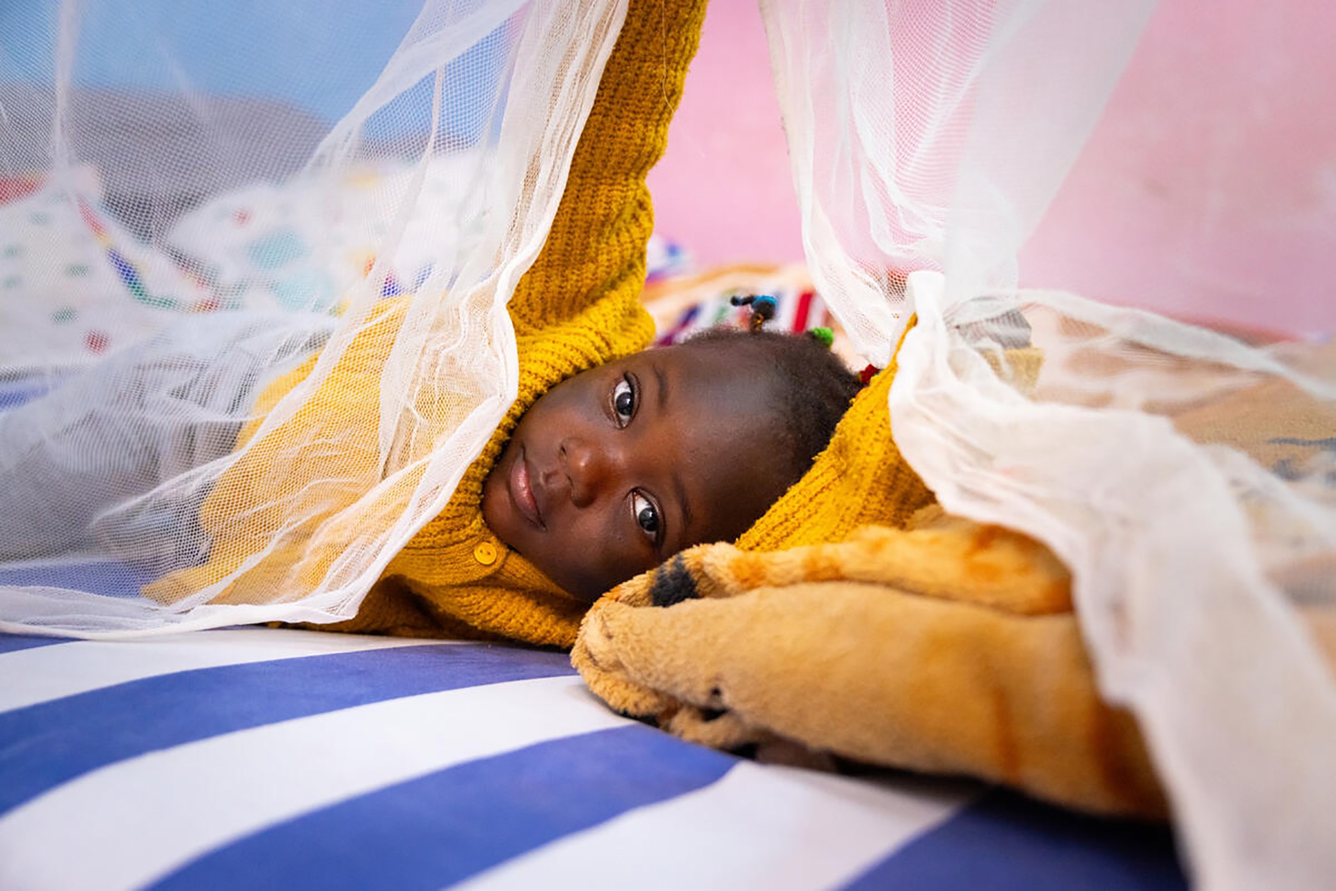 Young girl sleeping under a dual-insecticide net in Cameroon
