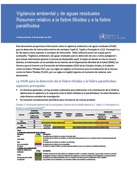 Vigilancia ambiental y de aguas residuales: Resumen relativo a la fiebre tifoidea y a la fiebre paratifoidea