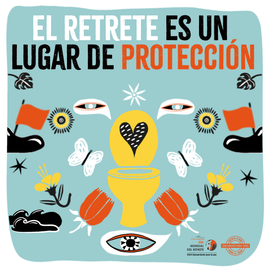 design of a toilet seat, flowers, butterlies with the slogan "toilets are a place for protection" in Spanish, prepared for the 2024 World Toilet Day
