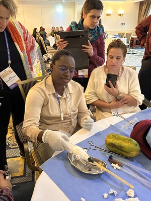 Rwandan midwives train European midwives in manual vacuum aspiration (MVA) using papayas as simulation models, Berlin, Germany.