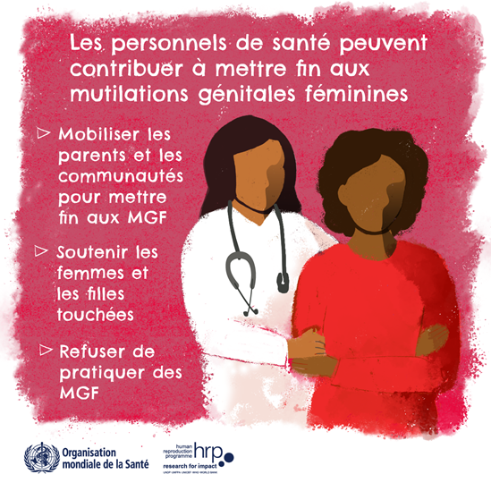 Les personnels de santé peuvent contribuer à mettre fin aux mutilations génitales féminines. Mobiliser les parents et les communautés pour mettre fin aux MGF. Soutenir les femmes et les filles touchées. Refuser de pratiquer des MGF.