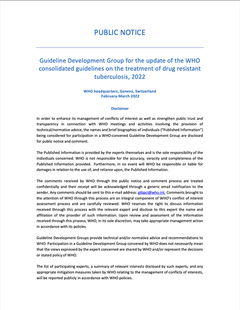 PUBLIC NOTICE: Guideline Development Group for the update of the WHO consolidated guidelines on the treatment of drug resistant tuberculosis_2022