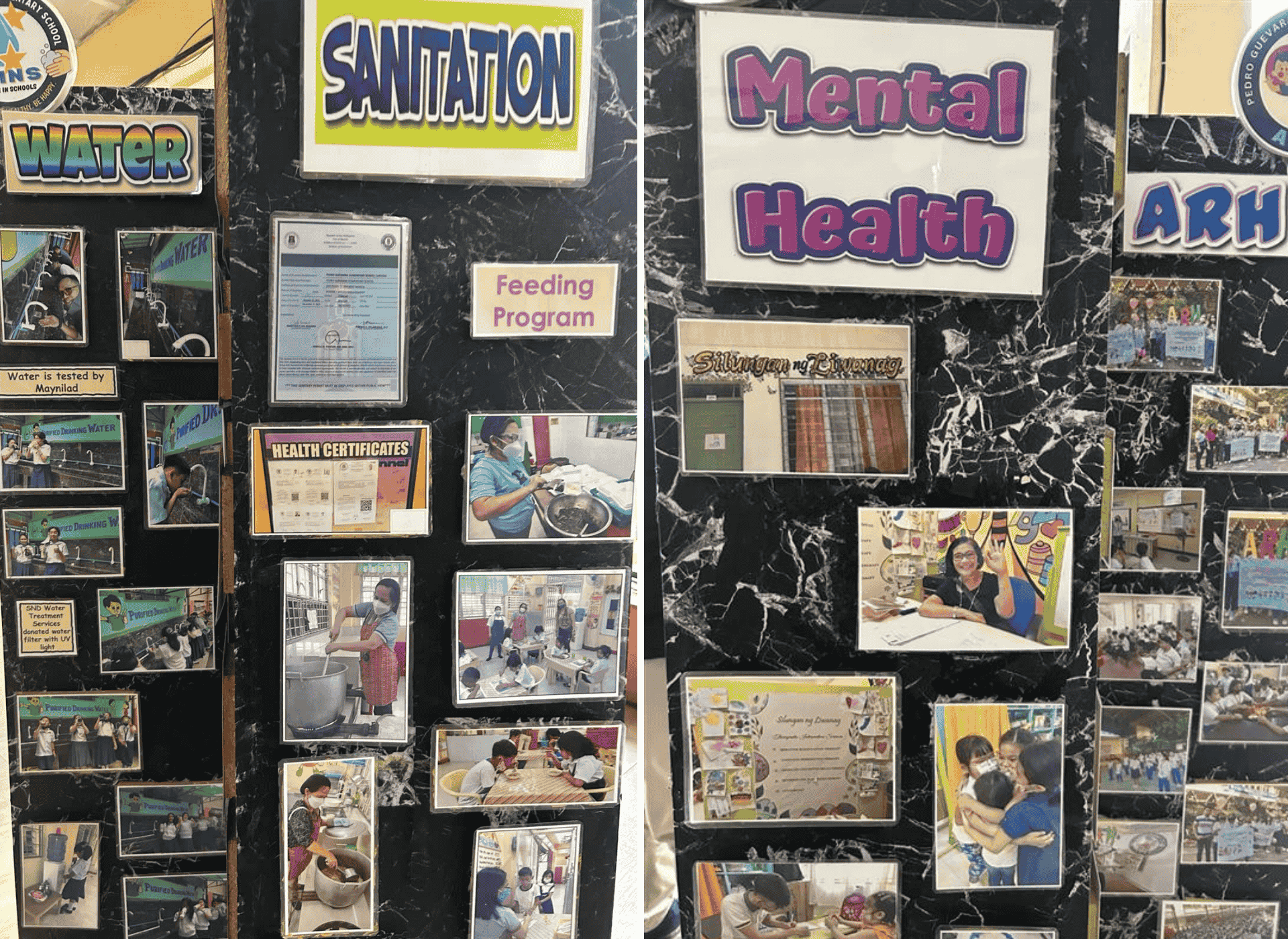 School billboard of photos on sanitation and mental health