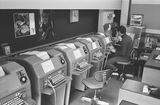 A man operating telex machines at WHO headquarters in Geneva in 1970
