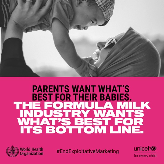 2022: poster about ending exploitative marketing of formula milk, showing a mother and her child laughing