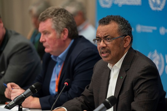 WHO Director-General Dr Tedros Adhanom Ghebreyesus speaking at a press conference.