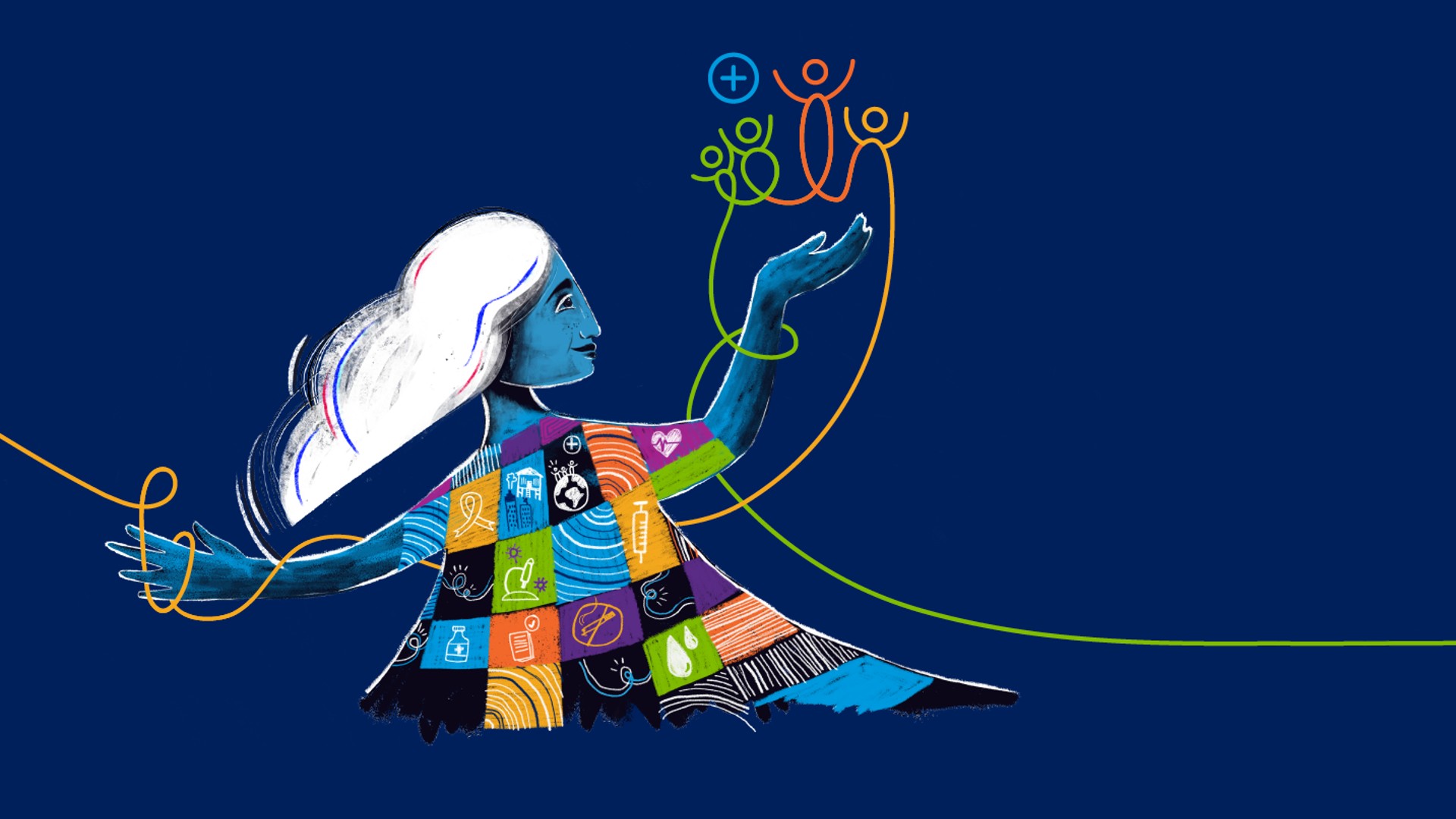Illustration of "Mother Health" in the shape of a woman raising her hand supporting icons of health and people.