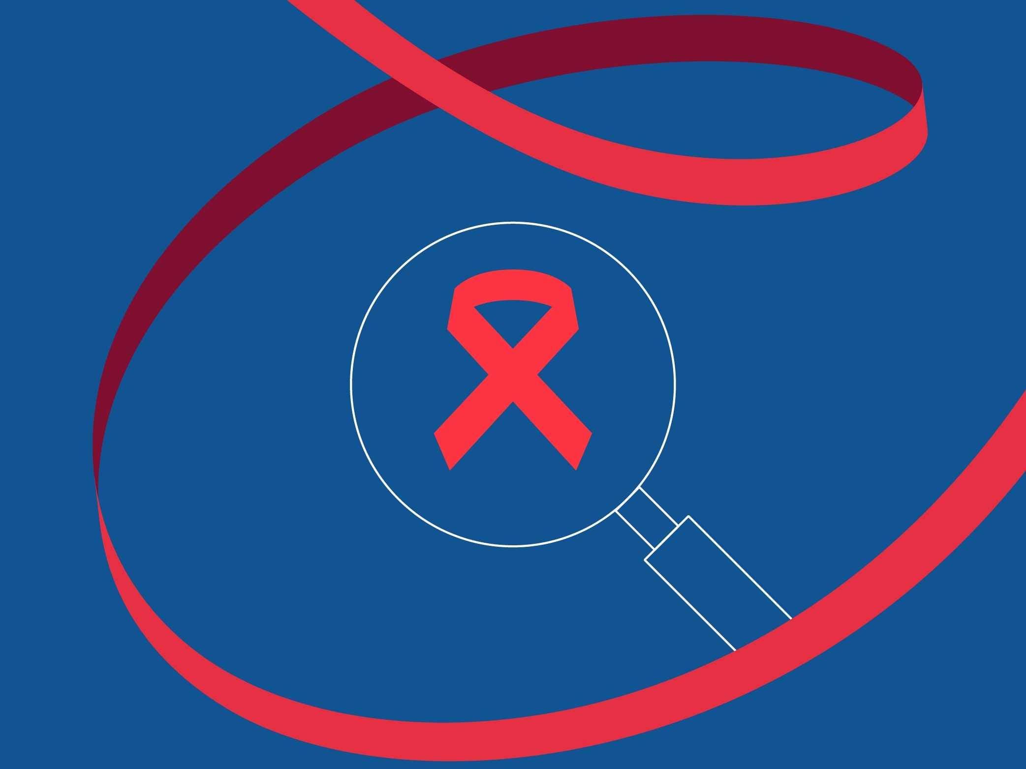 A red ribbon swirling around a magnifying glass with an AIDS ribbon inside.