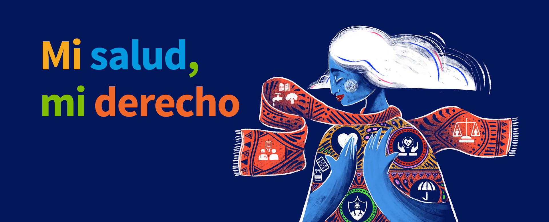 Image banner showing Mother Health depict as a lady with wavy hair flowing in the air, with a green scarf wrapped around her neck and symbols on her clothing, accompanied by the text