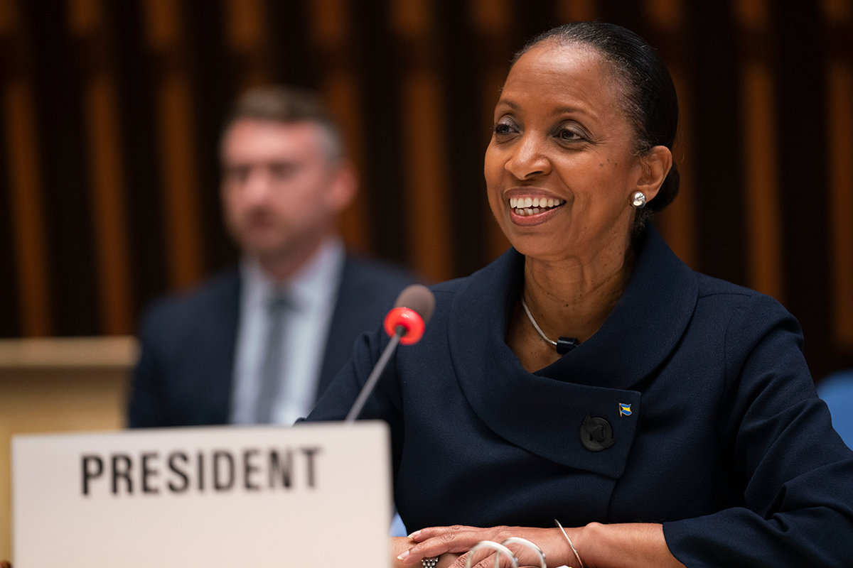 President of the Assembly, Ms Keva Bain from the Bahamas WHO_WHA73-18MAY2020_652