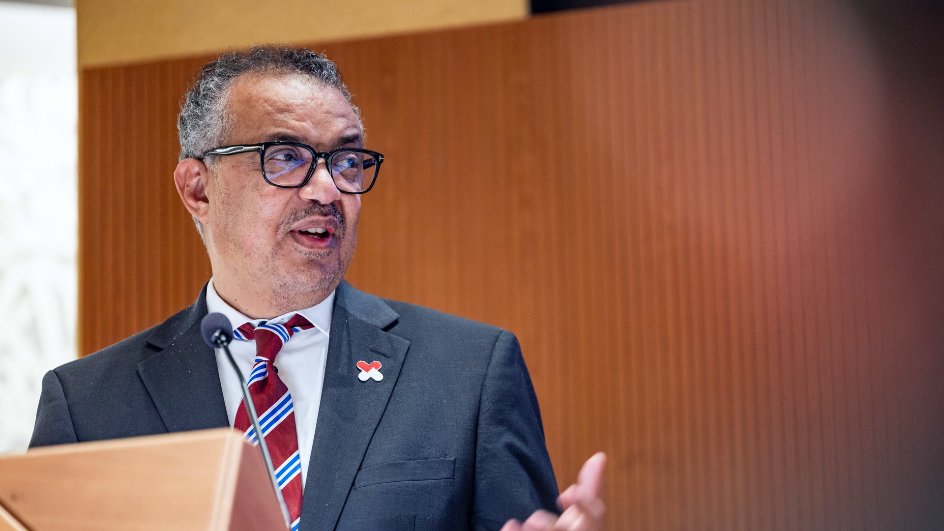 Close up of WHO Director-General Dr Tedros Adhanom Ghebreyesus during a speech.