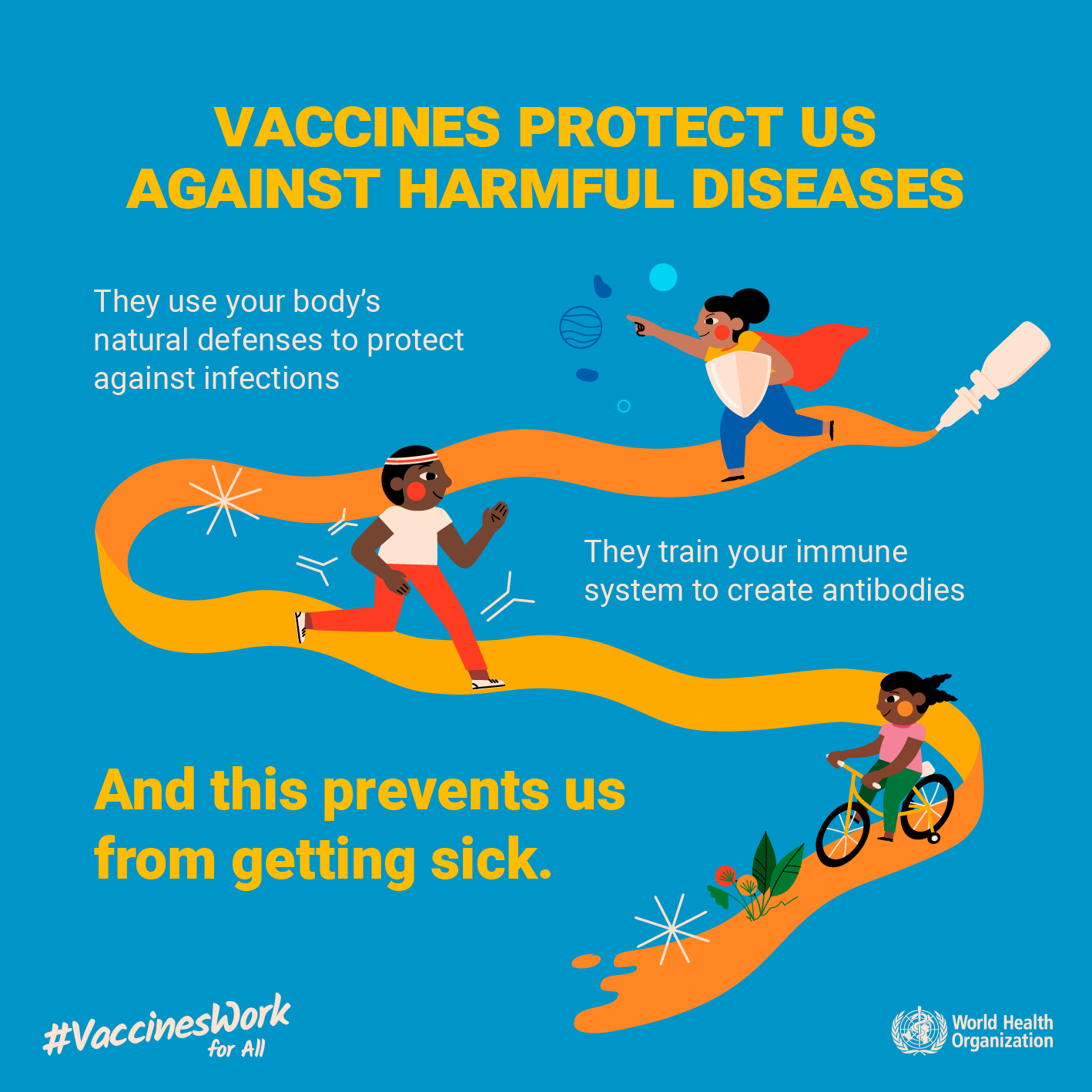 Social media tile: "Vaccines protect us against harmful diseases and this prevents us from getting sick." #VaccinesWork for All