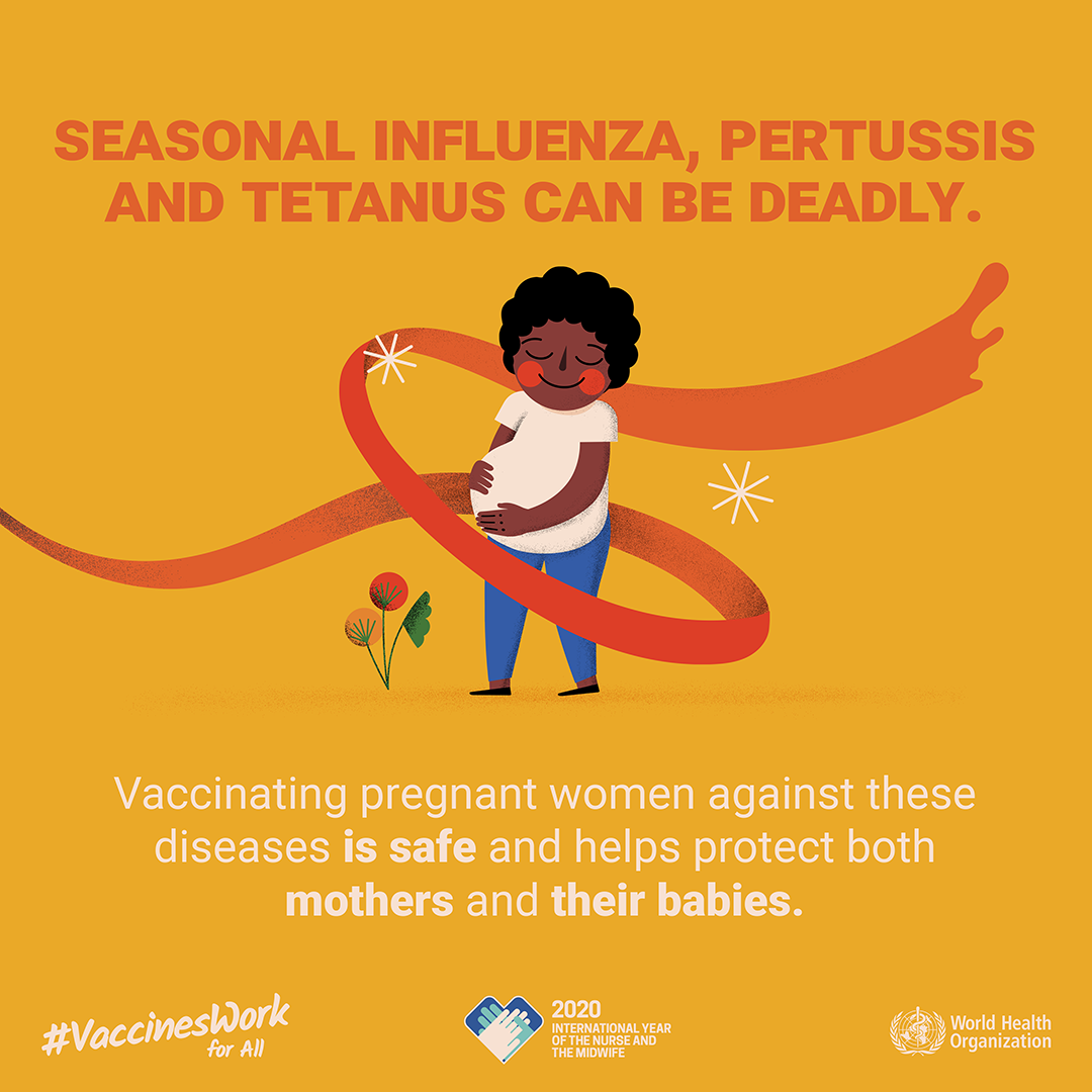 Social media tile: "Seasonal influenza, pertussis and tetanus can be deadly. Vaccinating pregnant women against these diseases is safe and helps protect both mothers and their babies." #VaccinesWork for All
