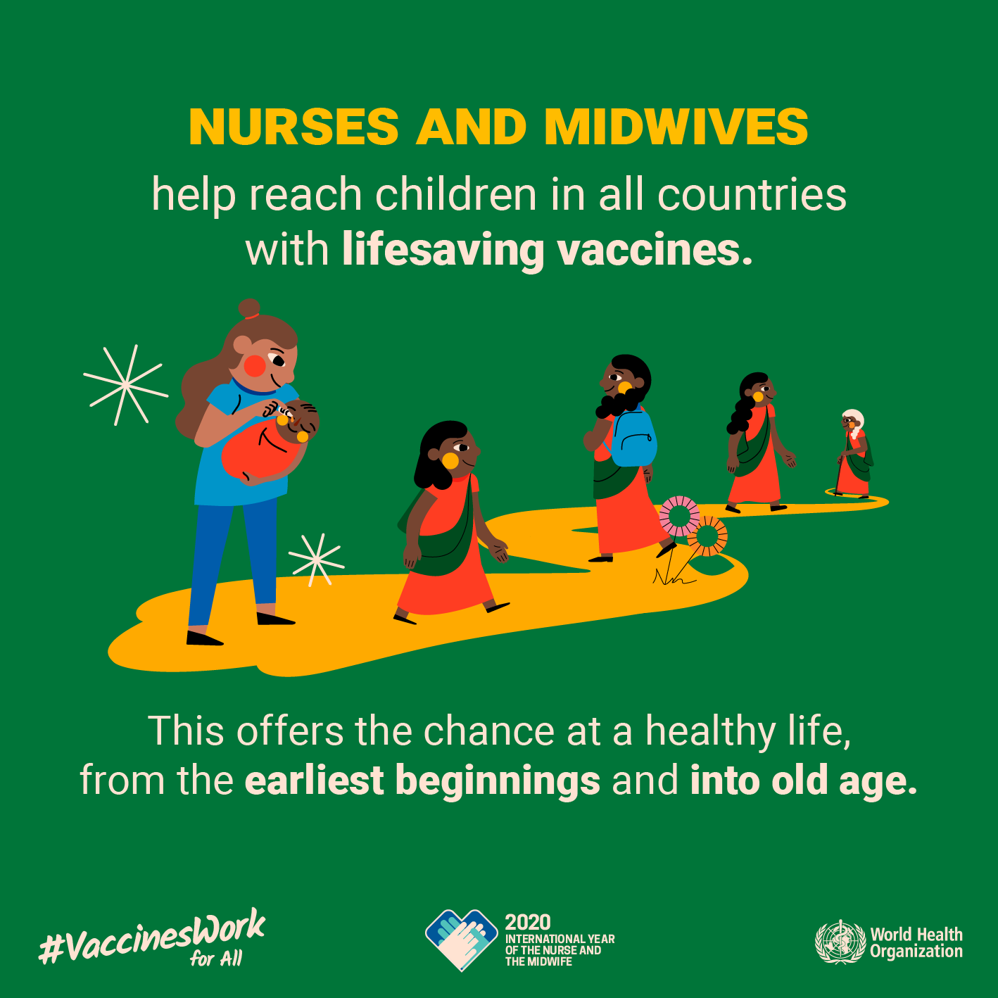Social media tile: "Nurses and midwives help reach children in all countries with lifesaving vaccines. This offers the chance at a healthy life, from the earliest beginnings and into old age." #VaccinesWork for All
