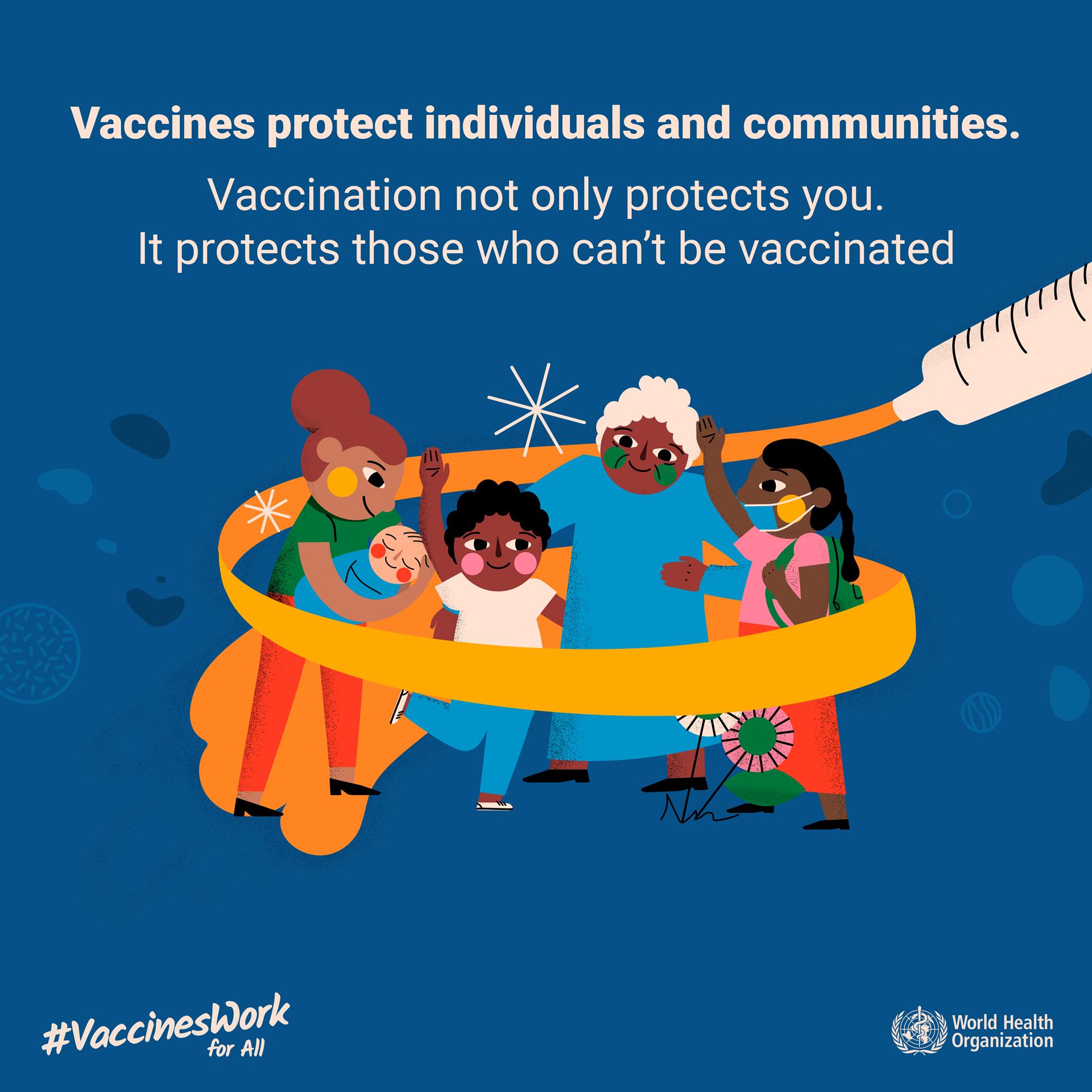 Social media tile: "Vaccines protect individuals and communities. Vaccination not only protects you. It protects those who can't be vaccinated." #VaccinesWork for All