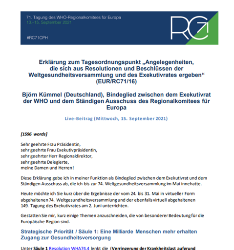Erklärung zum Tagesordnungspunkt „Angelegenheiten, die sich aus Resolutionen und Beschlüssen der Weltgesundheitsversammlung und des Exekutivrates ergeben“.