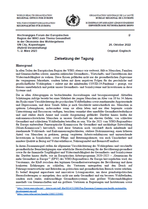 Hochrangiges Forum der Europäischen Region der WHO zum Thema Gesundheit in der Ökonomie des Wohlergehens (Kopenhagen, 1–2 März 2023) - Zielsetzung der Tagung